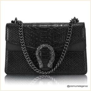 Large PU Leather Crossbody Bag with Snake Print, Chain Strap, Magnetic Closure